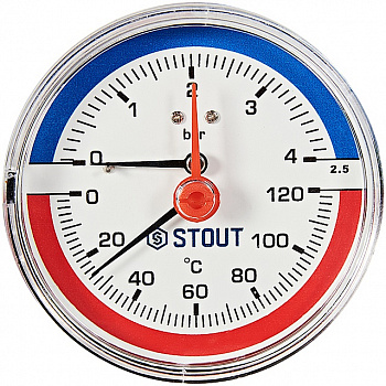 Термоманометр аксиальный STOUT в комплекте с автоматическим запорным клапаном. Корпус Dn 80 мм 1/2 ,